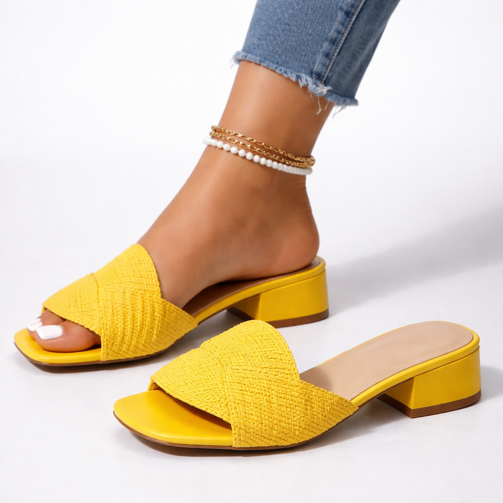 Women's Low Block Heel Embossed Vamp Square Toe Mule
