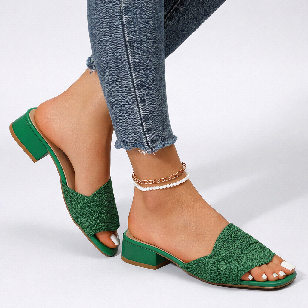 Women's Low Block Heel Embossed Vamp Square Toe Mule