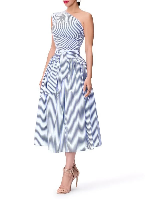 Women's One-Shoulder Striped Midi Dress