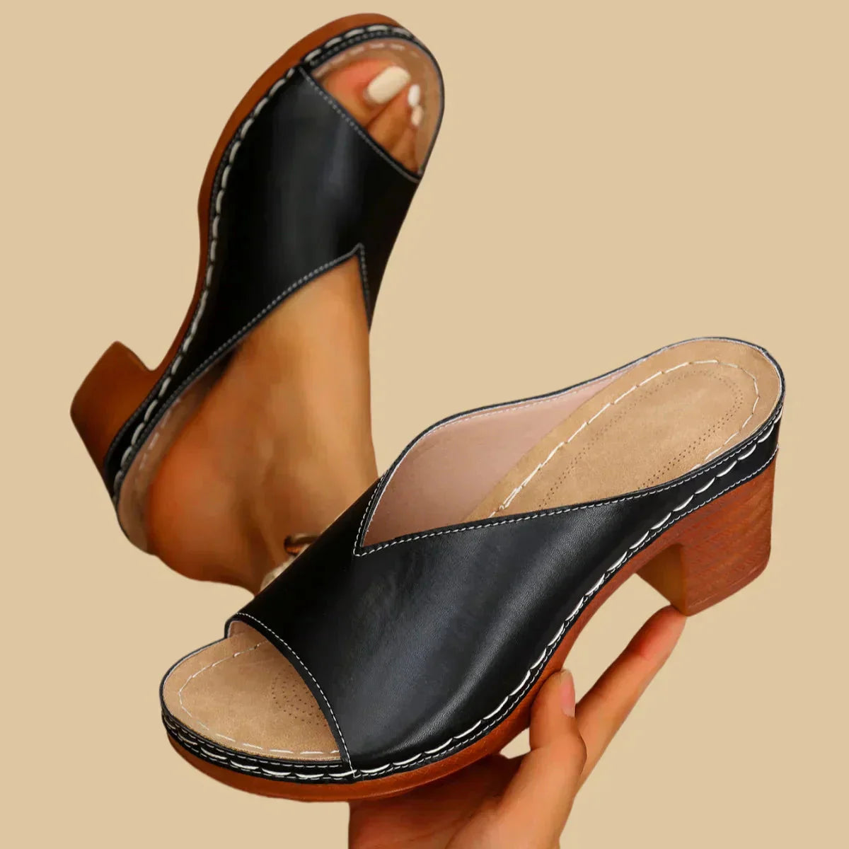 Women's Open Toe Block Heel Mule Sandals