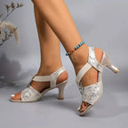 Women's Open Toe Cross-Strap Heels with Ring Accent