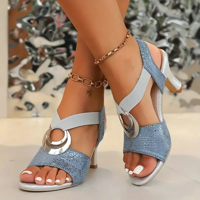 Women's Open Toe Cross-Strap Heels with Ring Accent