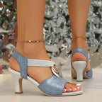 Women's Open Toe Cross-Strap Heels with Ring Accent