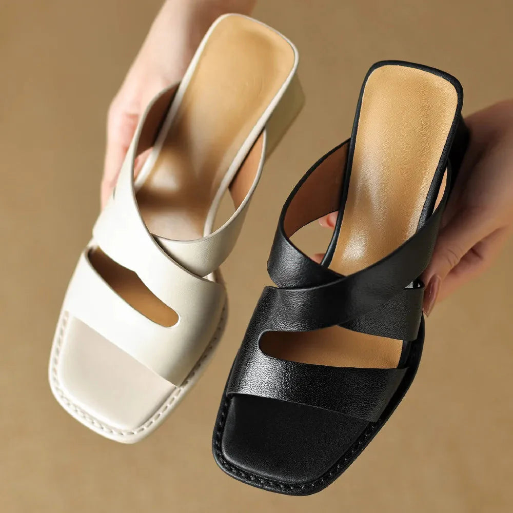 Women's Square Toe Crossover Strap Block Heel Mule