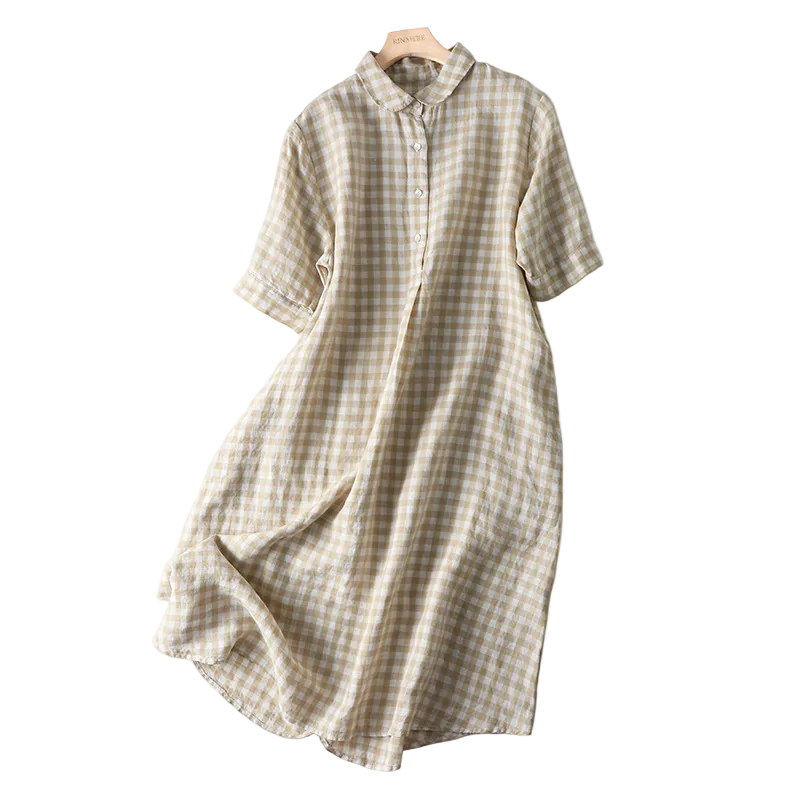 Women's Plaid Short-Sleeve Midi Shirt Dress