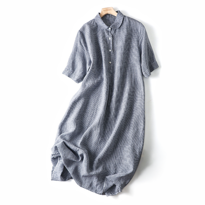 Women's Plaid Short-Sleeve Midi Shirt Dress