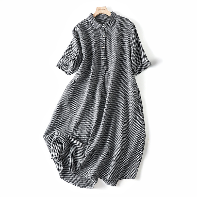 Women's Plaid Short-Sleeve Midi Shirt Dress