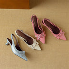 Women's Pointed Toe Bow Detail Slingback Kitten Heel