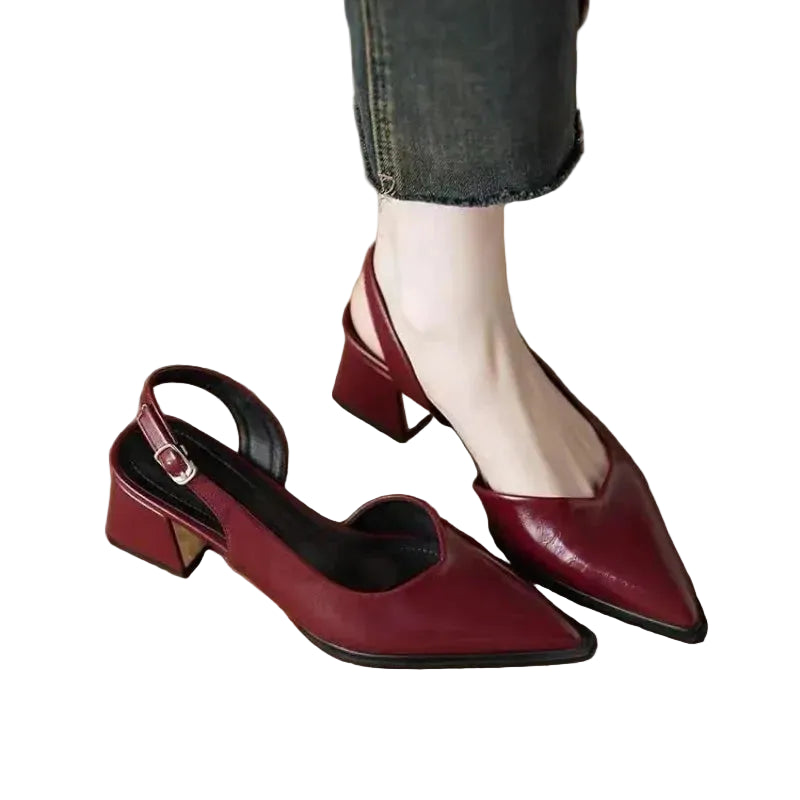 Women's Pointed Toe Deep V-Vamp Slingback Low Block Heel