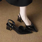 Women's Pointed Toe Deep V-Vamp Slingback Low Block Heel