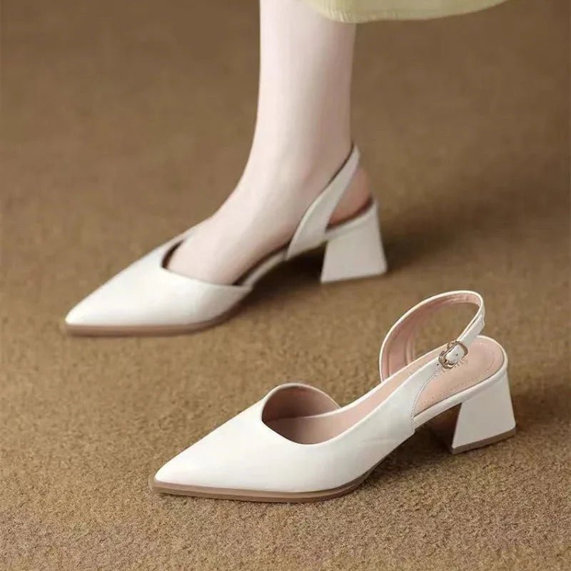 Women's Pointed Toe Deep V-Vamp Slingback Low Block Heel