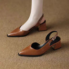 Women's Pointed Toe Deep V-Vamp Slingback Low Block Heel