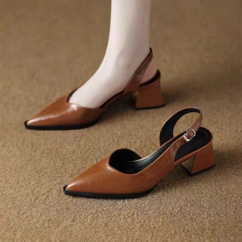 Women's Pointed Toe Deep V-Vamp Slingback Low Block Heel
