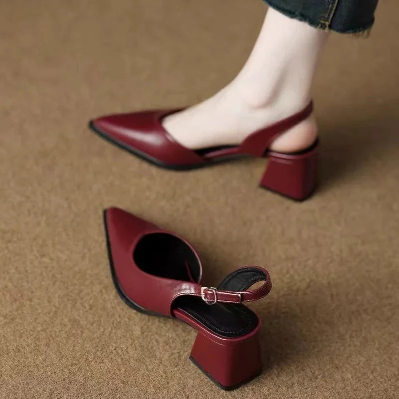 Women's Pointed Toe Deep V-Vamp Slingback Low Block Heel