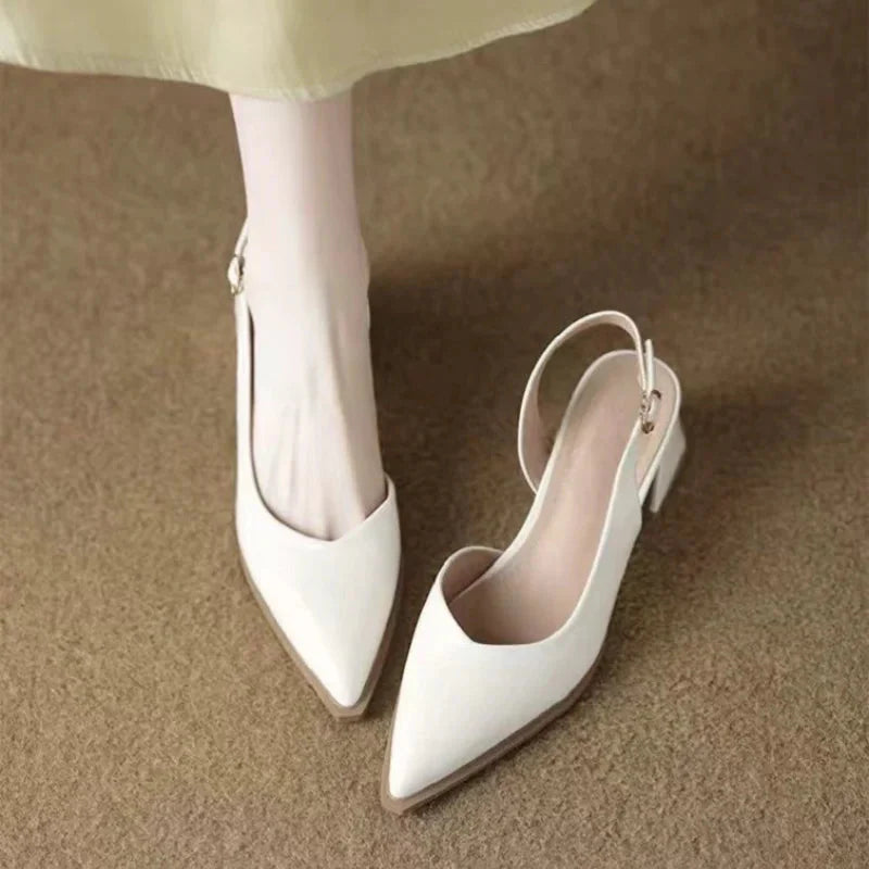 Women's Pointed Toe Deep V-Vamp Slingback Low Block Heel