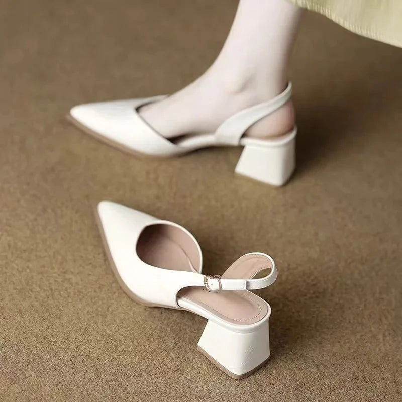 Women's Pointed Toe Deep V-Vamp Slingback Low Block Heel