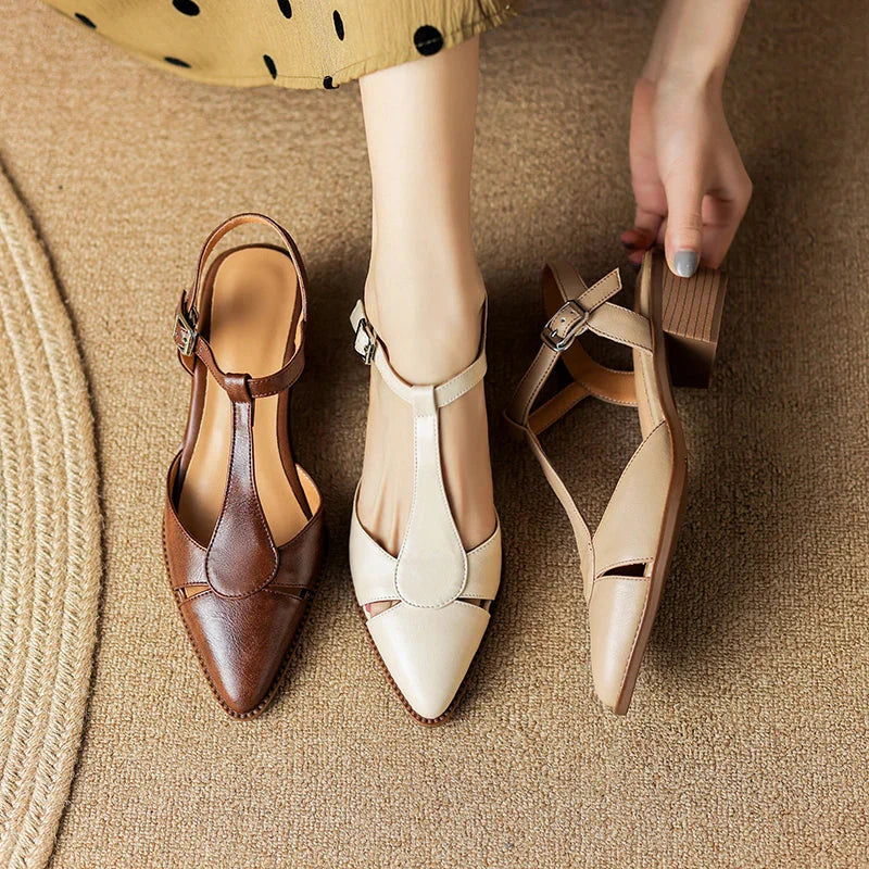 Women's Pointed Toe T-Bar D'Orsay Slingback Sculpted Block Heel
