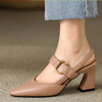 Women's Pointed Toe T-Strap Slingback Block Heels