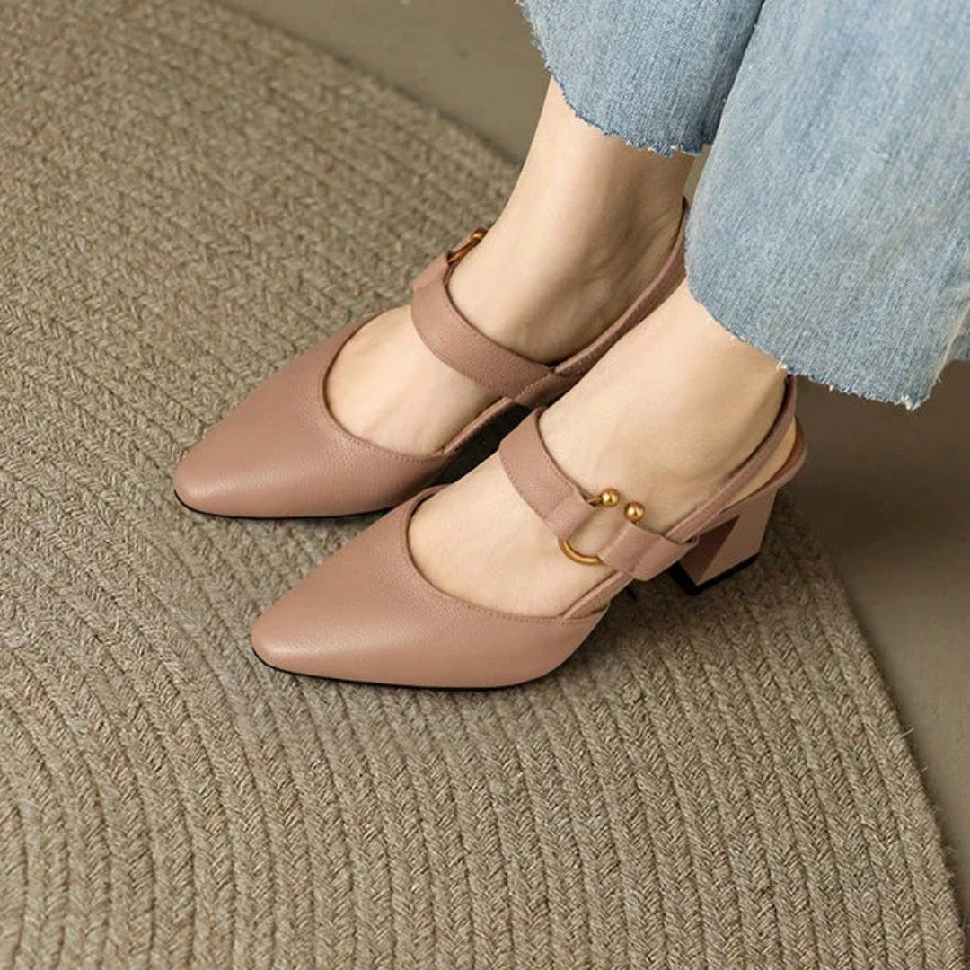 Women's Pointed Toe T-Strap Slingback Block Heels