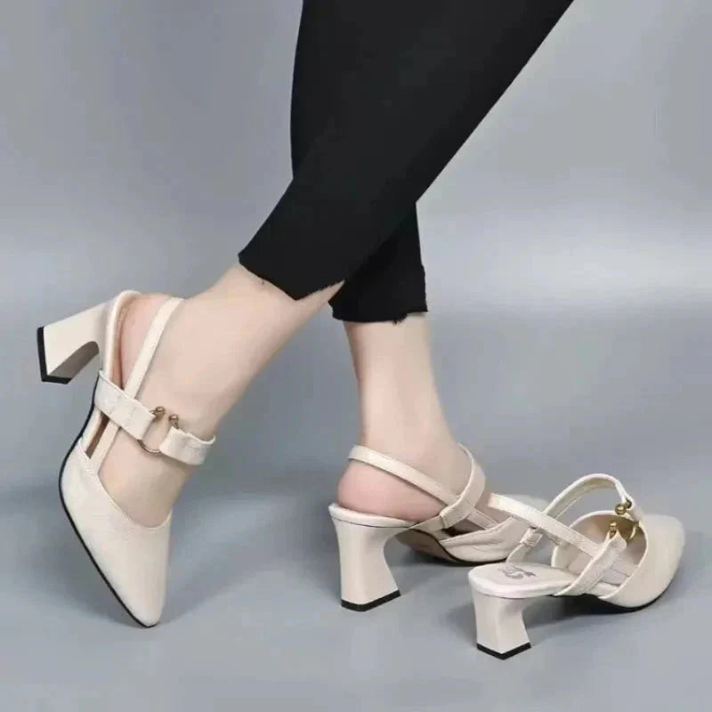 Women's Pointed Toe T-Strap Slingback Block Heels