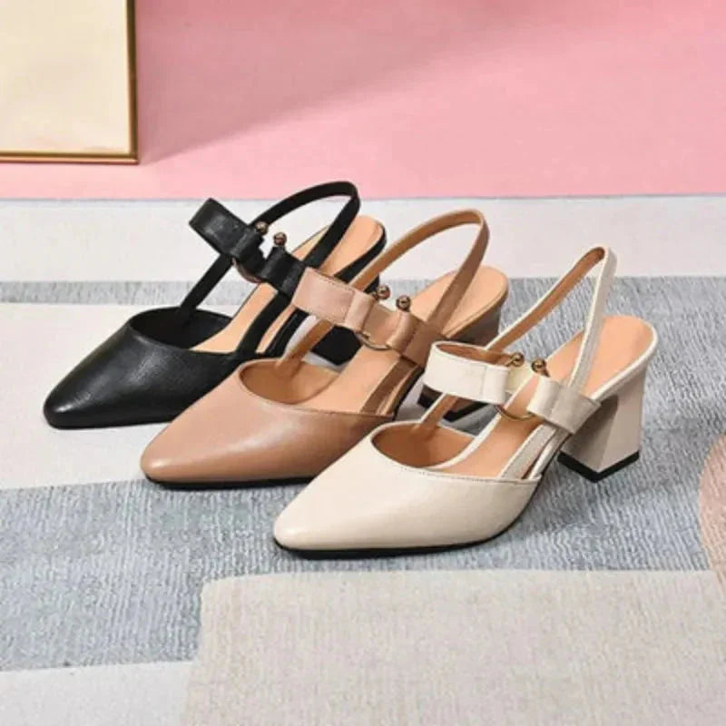 Women's Pointed Toe T-Strap Slingback Block Heels
