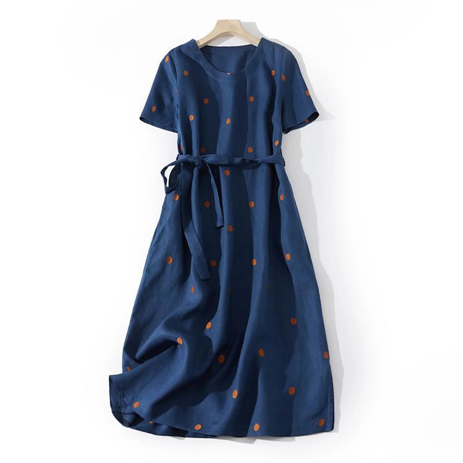 Women's Polka Dot Short-Sleeve Midi Dress with Tie Waist