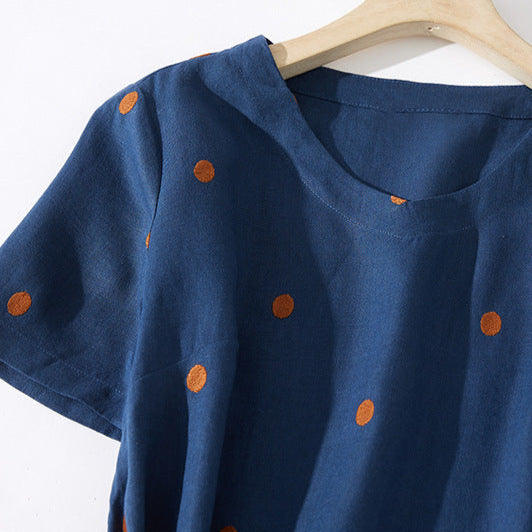 Women's Polka Dot Short-Sleeve Midi Dress with Tie Waist