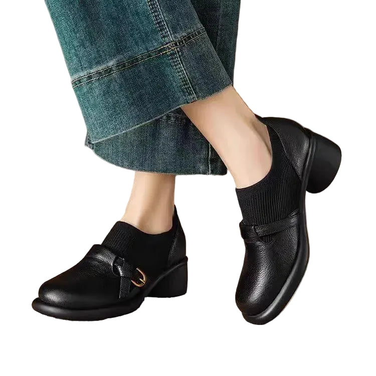 Women's Round Toe Buckle Strap Ribbed Panel Block Heel Loafer