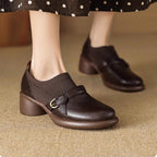 Women's Round Toe Buckle Strap Ribbed Panel Block Heel Loafer