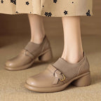 Women's Round Toe Buckle Strap Ribbed Panel Block Heel Loafer