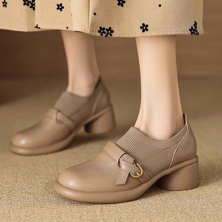 Women's Round Toe Buckle Strap Ribbed Panel Block Heel Loafer
