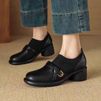 Women's Round Toe Buckle Strap Ribbed Panel Block Heel Loafer
