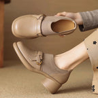 Women's Round Toe Buckle Strap Ribbed Panel Block Heel Loafer