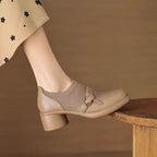 Women's Round Toe Buckle Strap Ribbed Panel Block Heel Loafer