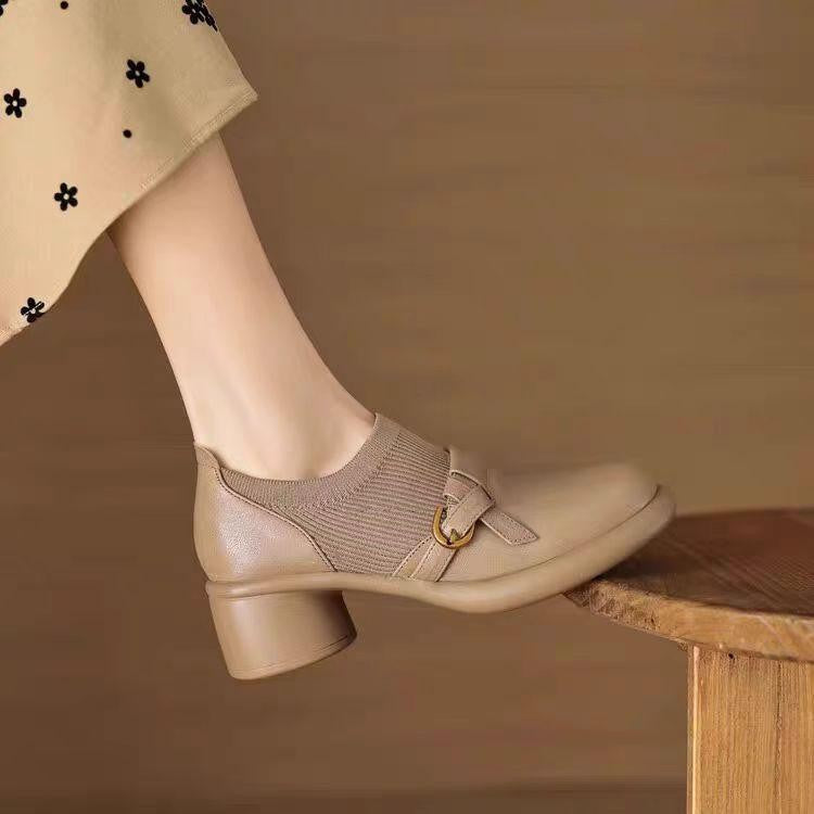 Women's Round Toe Buckle Strap Ribbed Panel Block Heel Loafer
