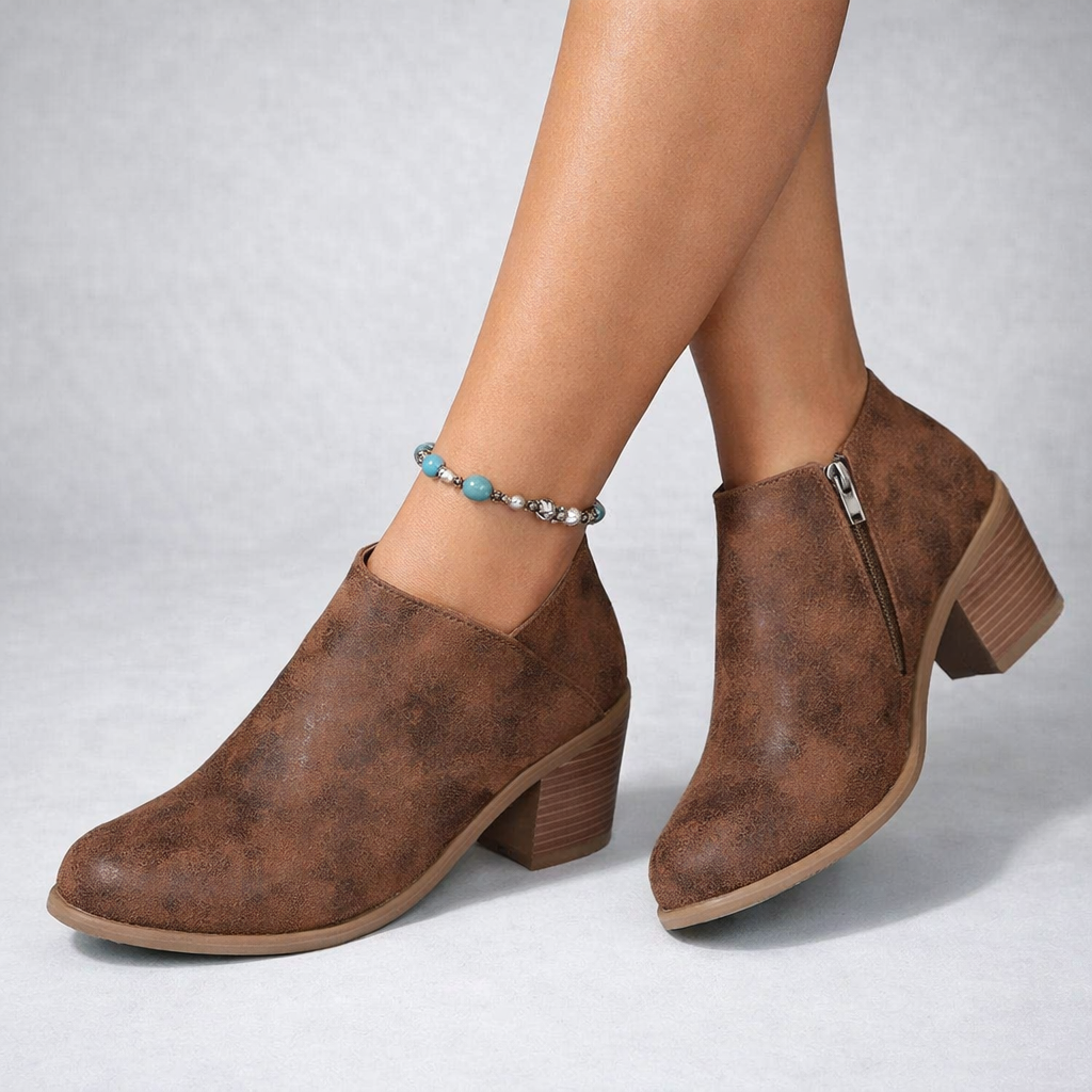 Women's Round Toe V-Cut Side Zip Block Heel Ankle Boot