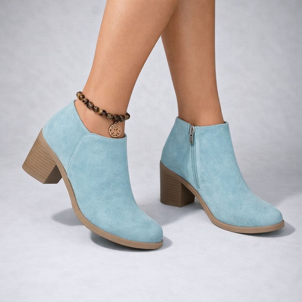 Women's Round Toe V-Cut Side Zip Block Heel Ankle Boot