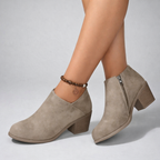 Women's Round Toe V-Cut Side Zip Block Heel Ankle Boot