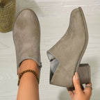 Women's Round Toe V-Cut Side Zip Block Heel Ankle Boot