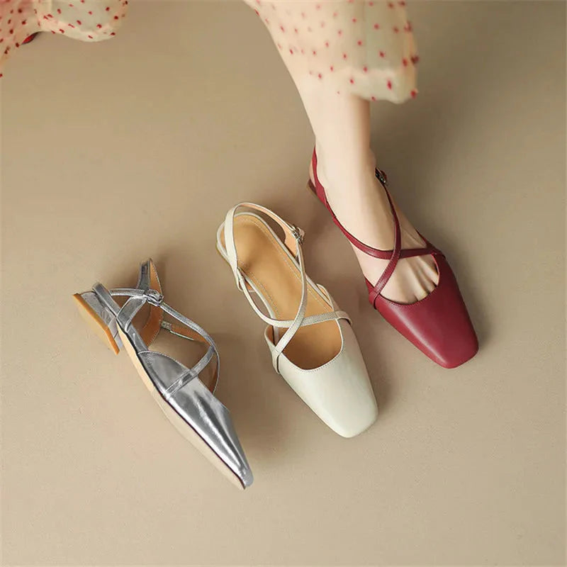 Women's Square Toe Cross-Strap Slingback Low Block Heel