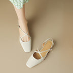 Women's Square Toe Cross-Strap Slingback Low Block Heel