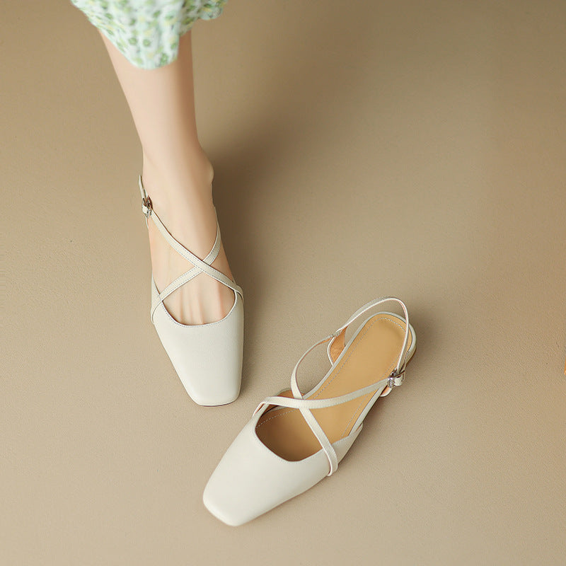 Women's Square Toe Cross-Strap Slingback Low Block Heel