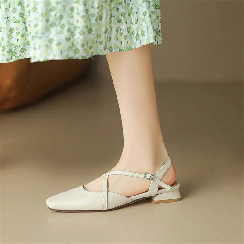 Women's Square Toe Cross-Strap Slingback Low Block Heel