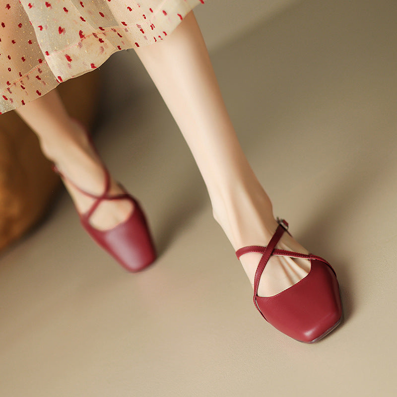 Women's Square Toe Cross-Strap Slingback Low Block Heel