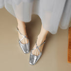 Women's Square Toe Cross-Strap Slingback Low Block Heel