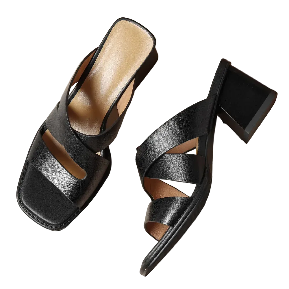 Women's Square Toe Crossover Strap Block Heel Mule
