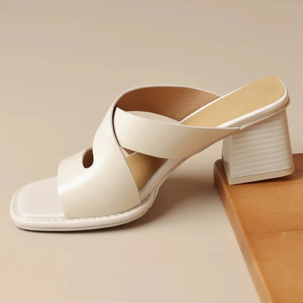 Women's Square Toe Crossover Strap Block Heel Mule