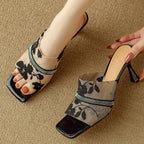 Women's Square Toe Floral Mesh Rhinestone Trim Stiletto Mule