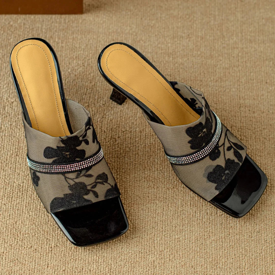Women's Square Toe Floral Mesh Rhinestone Trim Stiletto Mule