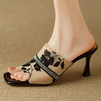 Women's Square Toe Floral Mesh Rhinestone Trim Stiletto Mule